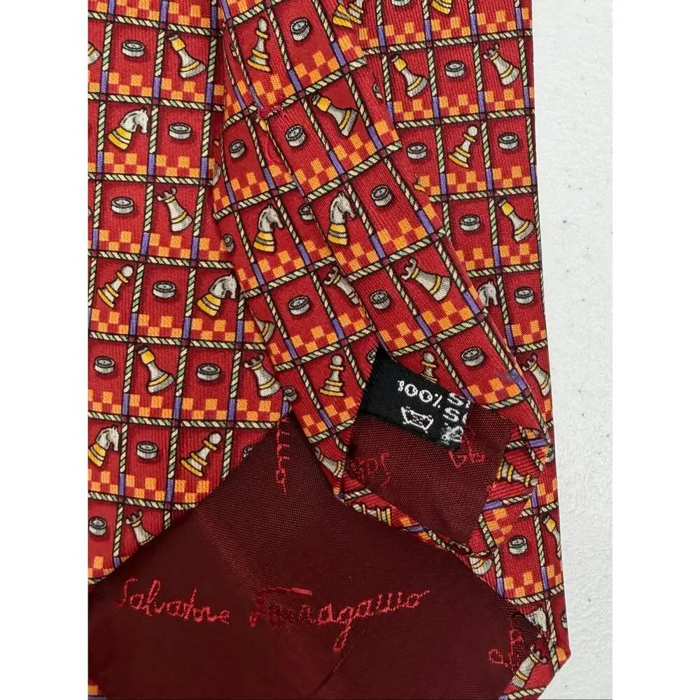 Salvatore Ferragamo Chess Piece Print 100% Silk Necktie Made in Italy Designer